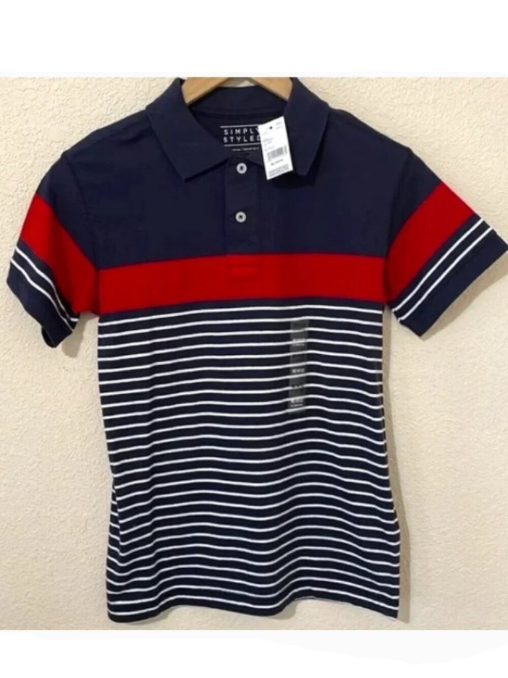 NEW Simply Styled Polo Shirt Navy Blue Red White Stripe Boys Size 10-12 Medium